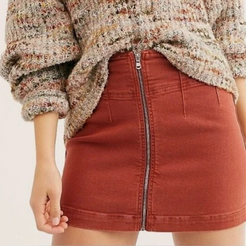 Free People We The Free Virgo Zip-Front Denim Mini Skirt Stretch Rust Orange 24